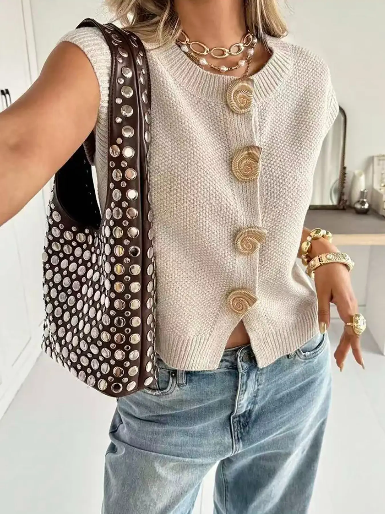 Elegant Chic Casual Women's Loose Fit Baggy Knitted Vest Top with Buttons, Sleeveless Round Neck Design, Unique Animal Shape Details for Stylish Fall Looks, Womenswear