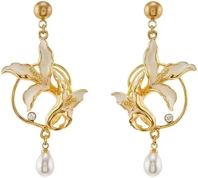Women's 925 Sterling Silver Post Vintage Orchid Pearl Drop Earrings - Hand-Painted Enamel Floral Design with Cubic Zirconia