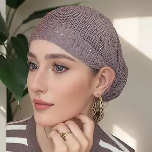 1 piece of fashionable solid color knitted polyester fiber with drawstring women's hair cap - elastic, soft, breathable, lightweight brimless cap, elastic hair cap for women's dressing