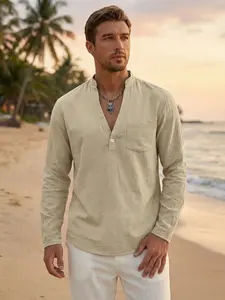 2026 Men's All-Season Loose-Fit Linen Casual Deep V-Neck Breathable Outdoor Henley Long-Sleeve Shirt, Comfortable and Stylish