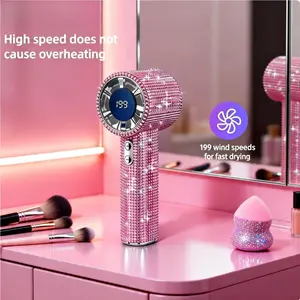Diamond Bling Handheld Fan, Portable Turbo Mini Fan with Digital Display, 3-Speed Rechargeable Personal Fan for Travel, Makeup, Outdoor, Gifts for Women