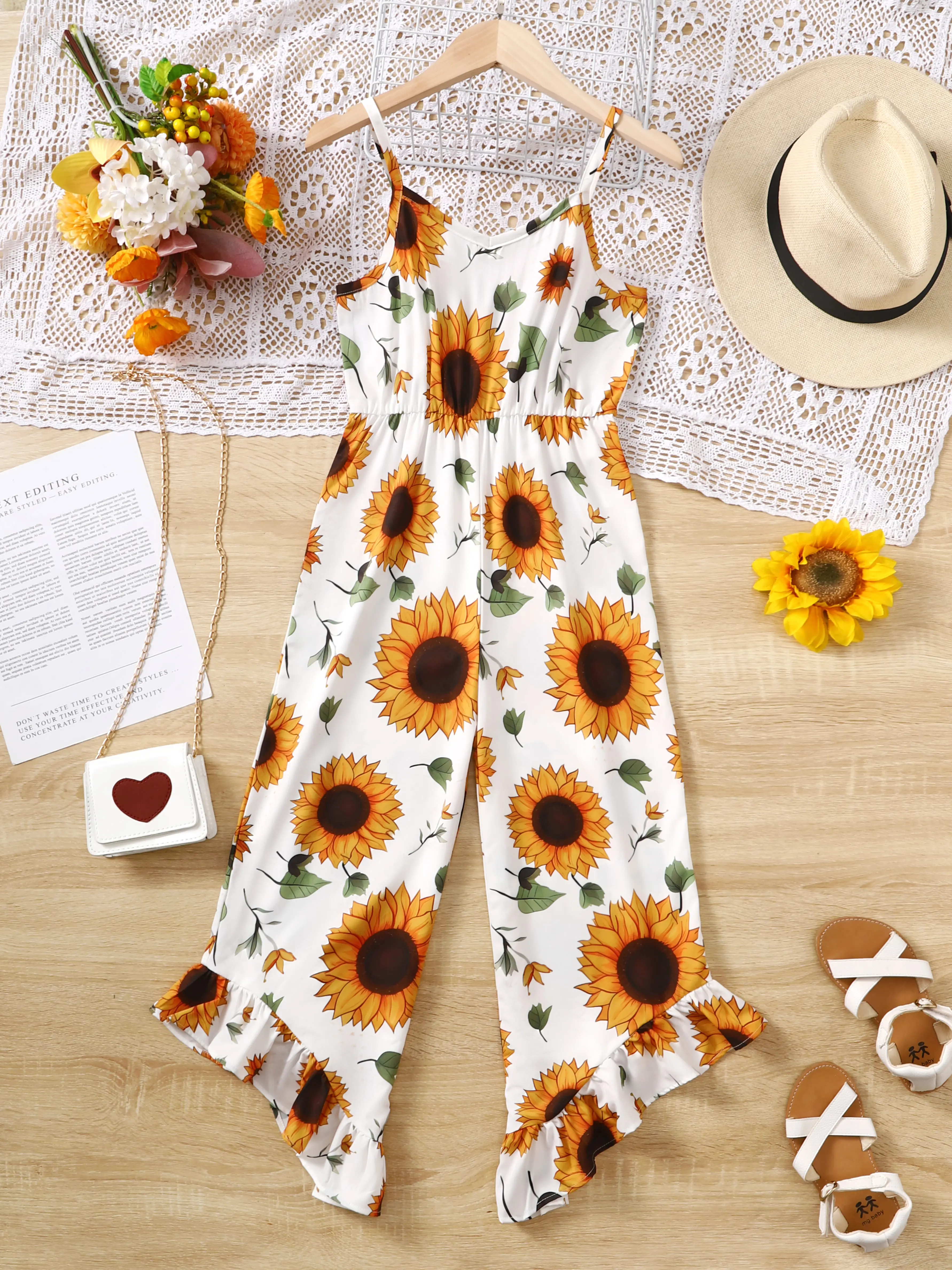 Ready Stock 8Y,9Y,10Y,11-12Y,13-14Y Kids Girls Straps Summer V-neck Sunflower Print Wide Leg Jumpsuit Overall White 462306004 Girlclothes