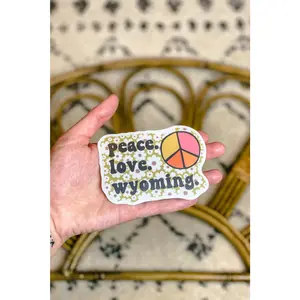 Peace. Love. Wyoming. Sticker - Glossy Vinyl Decorative Sticker Featuring Peace Symbol and "Wyoming" Text