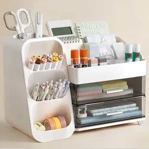 Desk Organizer with Pen Pencil Holder for Desk, Pen Organizer with 2 Drawers, Desk Organizers and Accessories with 4 Compartments, Desktop Storage for Office  School Art Supplies, White
