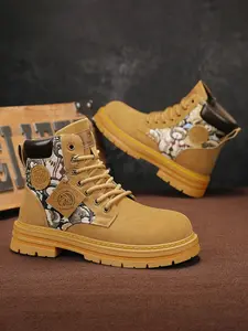 Men's Autumn New Patchwork Print High-Top Closed Thick Sole Anti-Slip Stable Work Casual Boots, Western Cowboy Boots, Versatile Fashion Footwear, Walking Shoes