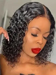 Human Hair Pre Plucked Pre Cut Short Bob Wig, 180% Density 4x4 Water Wave Lace Closure, Curly Style, Human Hair Wavy