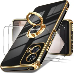 Phone Case for Moto G Power 5G 2024 Case, 2X Screen Protector, 360° Rotatable Ring Holder Magnetic Kickstand,Plated Gold Edge Slim Soft TPU Protective Cover for Motorola G Power 5G 2024 (Black)