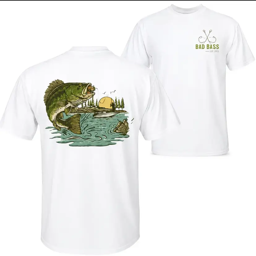 [Graphic T-Shirt] 100% Cotton - Bad Bass Fishing Co Bass Fishing Graphic Tee, Large Mouth Bass Lake Life Shirt, Outdoor Fishing Apparel for Anglers, Casual Crew Neck Top for Men and Women ,printed shrits,T-Shirt for men