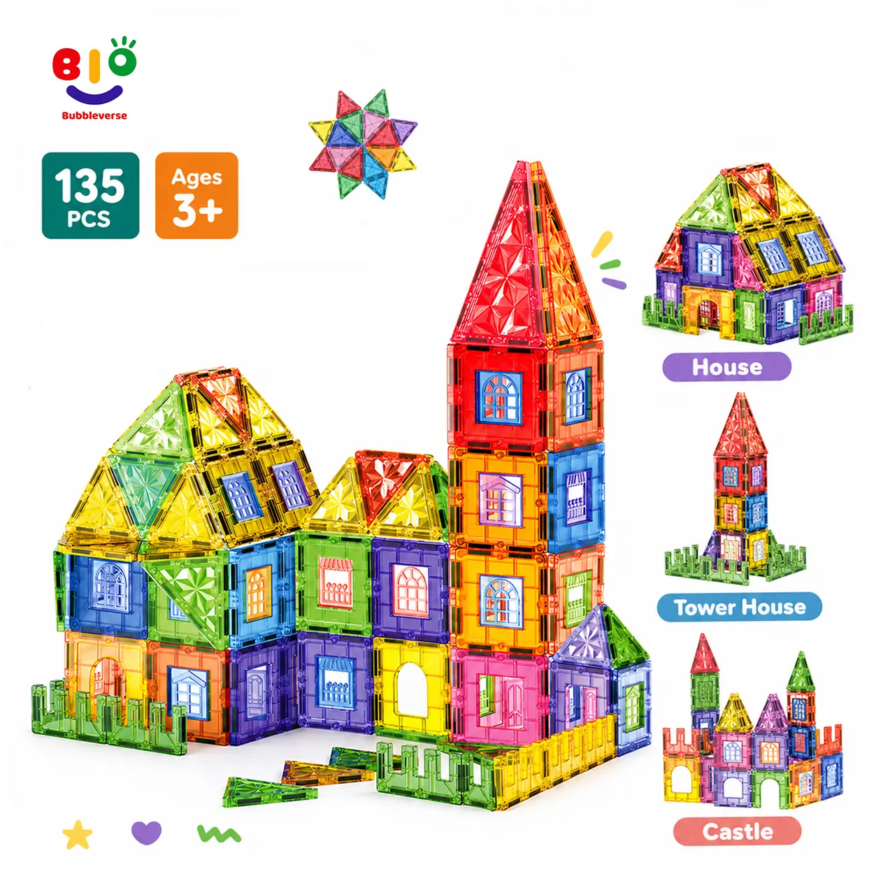 Bubbleverse 135PCS Magnetic Tiles Building Set – STEM Magnetic Blocks Toy | Creative Magnet Tiles for Kids | Educational Magna Tiles Compatible Set