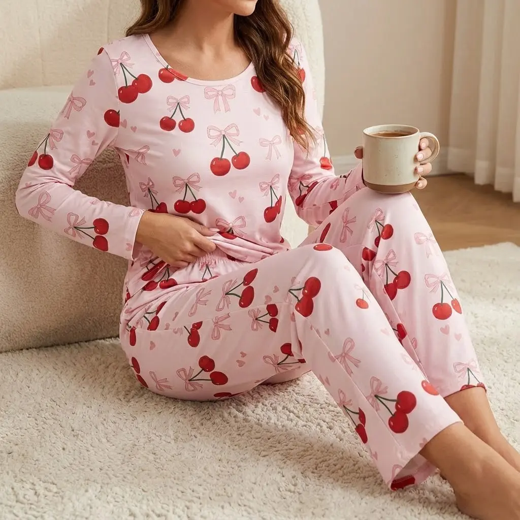 Women's Cherry Print Pajama Set, Casual 2-Piece Knitted Fabric Loungewear, Long Sleeve Top and Pants Nightwear S/M, Longsleeves