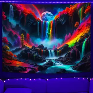 Blacklight Waterfall Planet Tapestry UV Reactive Trippy Tapestry Fantasy Landscape Mountain Wave Neon Nature Wall Tapestry for Bedroom