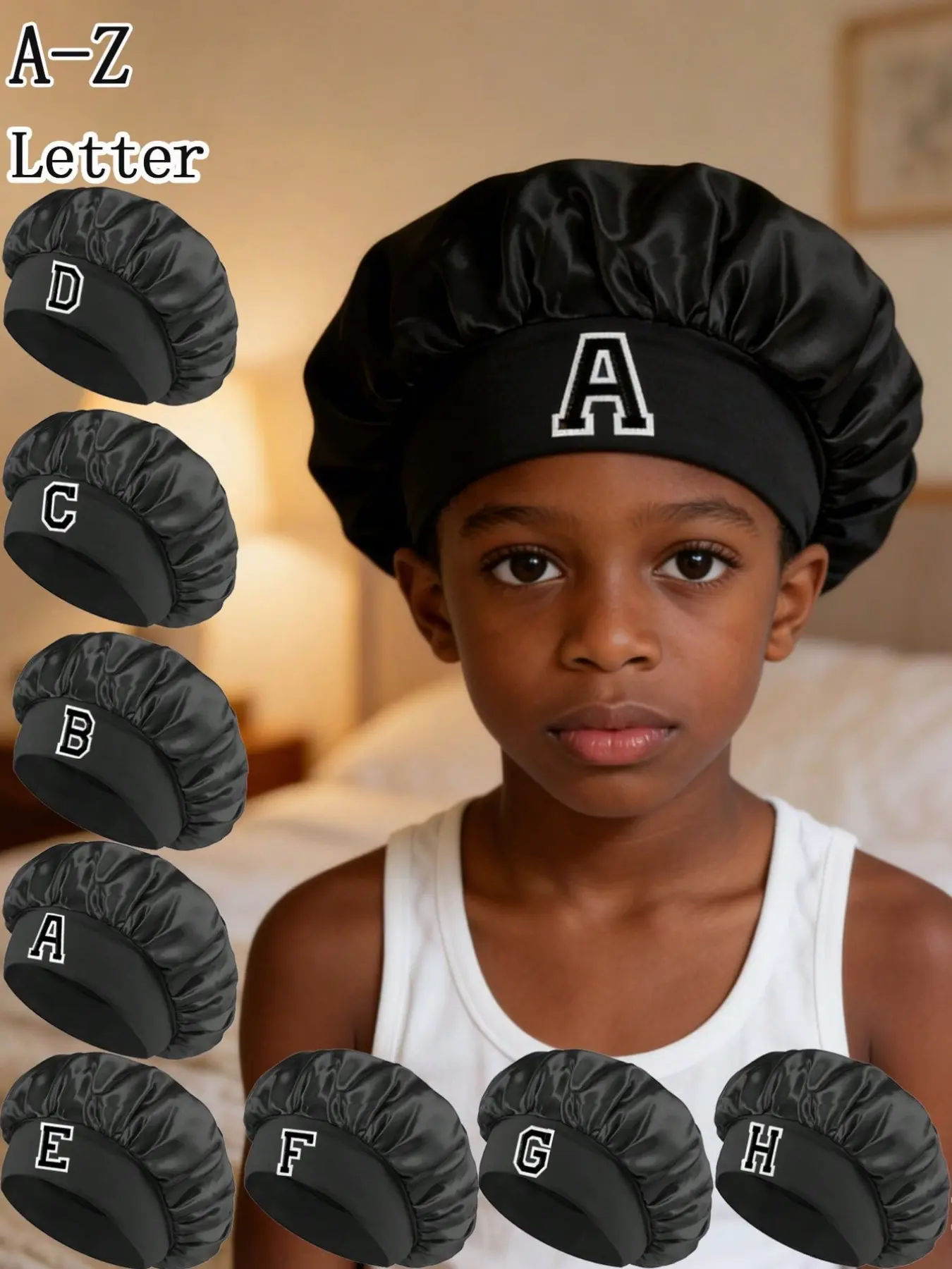 A-Z Letter Kids Hair Protection Hat, Wide Brim Elastic Sleep Cap, Sleeping Bonnet, Dual Use for Sleeping and Bathing, Fun Lettering, Shiny Silk Material, Hair Care Cap