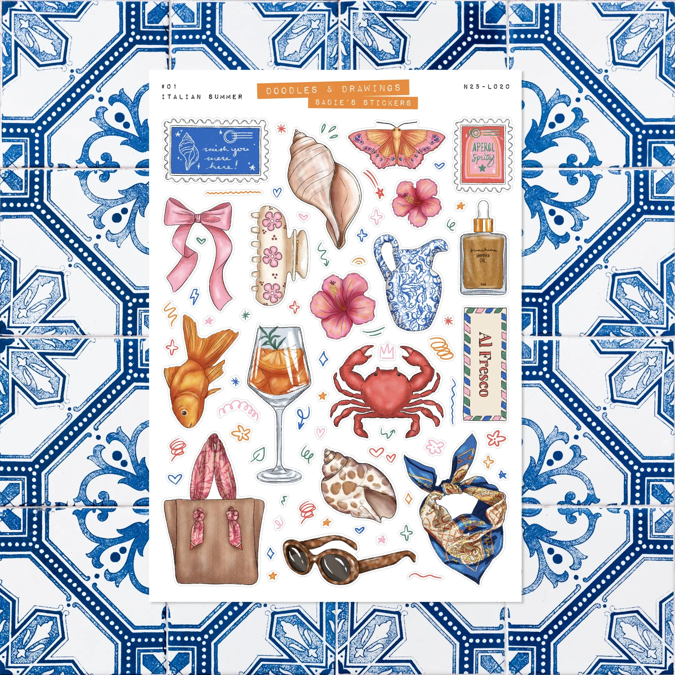 Italian Summer • Junk Journal Sticker Sheet • Doodles & Drawings • Scrapbook Stickers • Vision Board • Summer Aesthetic • Italy Travel
