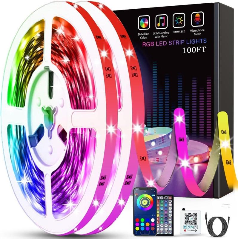 Led Lights for Bedroom 100ft (2 Rolls of 50ft) Music Sync Color Changing Strip Lights with Remote and App Control RGB Strip, for Room Home Party Decoration