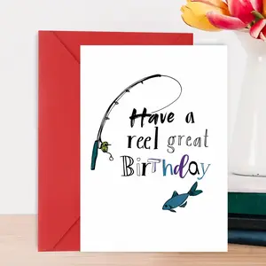 1pc Funny Fishing Birthday Card - Have a REEL Great Birthday, Fishing Rod & Fish Graphic - Funny Greeting Card for Anglers, Birthday Party Decorations - Ideal Gift for Dad, Husband, Fishing Trip Surprise Present, Fishing Birthday Party Decorations