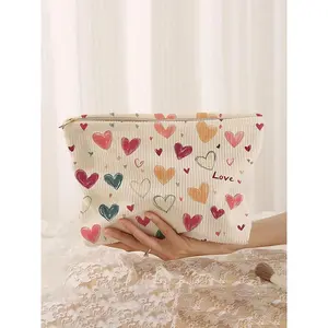 1pc，Portable cosmetics storage bag with colorful heart pattern double-sided printed travel zipper makeup bag