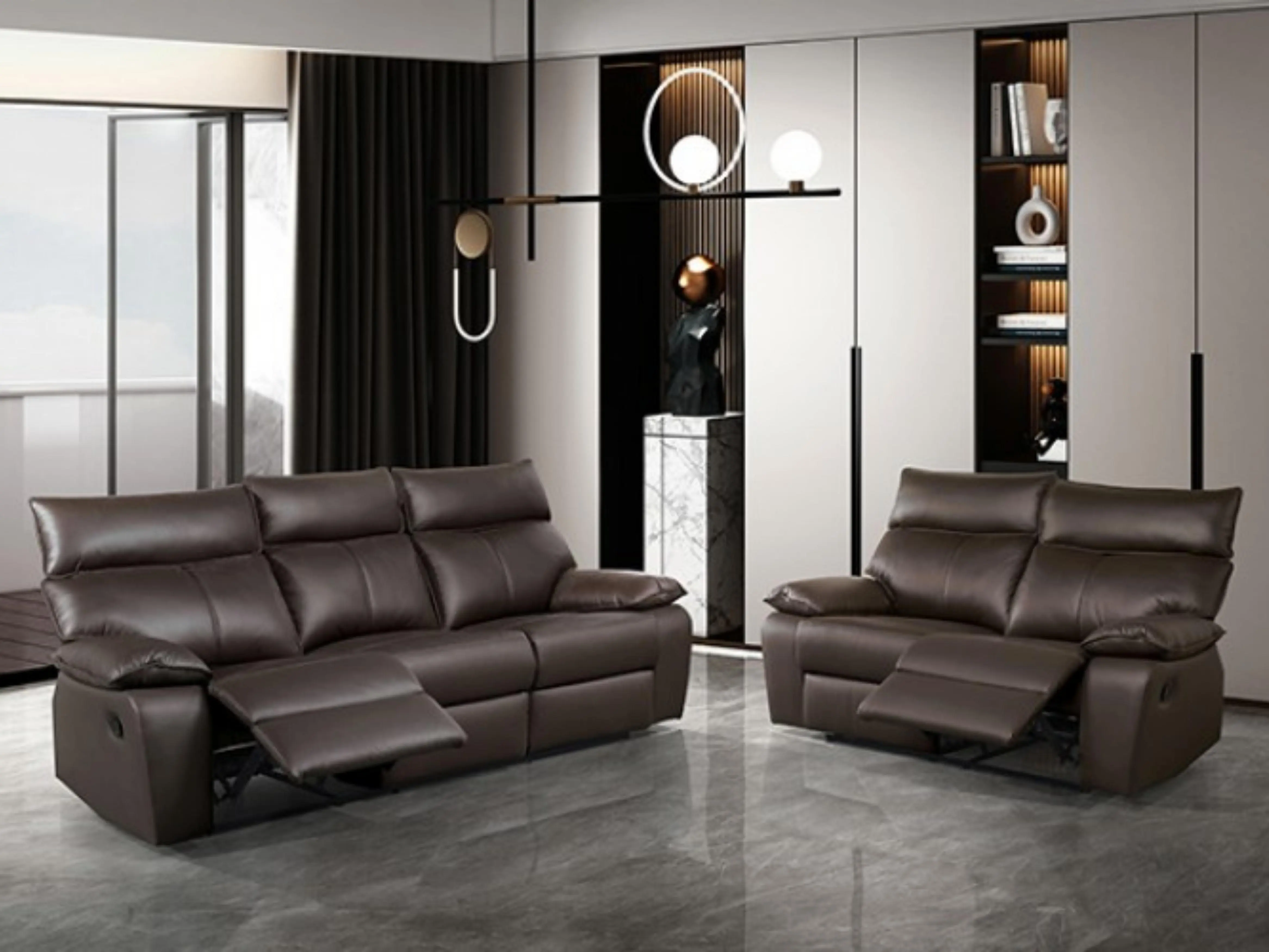 Onoria FM69008BR-2PC Brown Leather Match Sofa & Love Seat Set with Recliners for Cozy Living Room Comfort