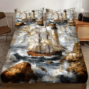 3pcs Vintage Sailing Ships Print Fitted Sheet Set - Breathable Polyester, Machine Washable, Ideal for Bedroom, Guest Room, or Master Suite - Includes 1 Fitted Sheet & 2 Pillowcases, No Mattress Core, All-Season Comfort