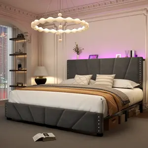 Raybee LED Bed Frame for Queen King Full Bed frame with Storage Headboard & Charging Station, No Mattress, Luxury Upholstered Platform Bed Frames, Holds 881lbs, No Box Spring Needed,Noise Free, Bedroom Furniture