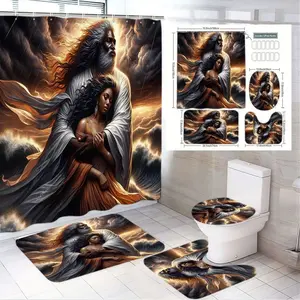 4pcs Romantic Fantasy Artwork Shower Curtain Set - Embrace of a Regal Elder & Young Woman in Burnt-Orange Gowns Amidst a Dramatic Stormy Sky - Elegant Bath Mats and Toilet Covers for a Modern Bathroom Refresh!