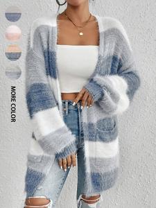 women's colorblock striped print long sleeve fuzzy cardigan, classy casual open front long cardigan for daily wear, ladies clothes for all seasons