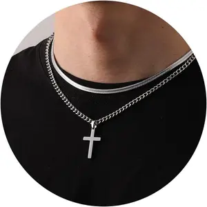 Cross Necklace for Men , Stainless Steel Layered Cuban Link Herringbone Chain Cross Pendant Christian Fashion  Gifts 16-24 Inches