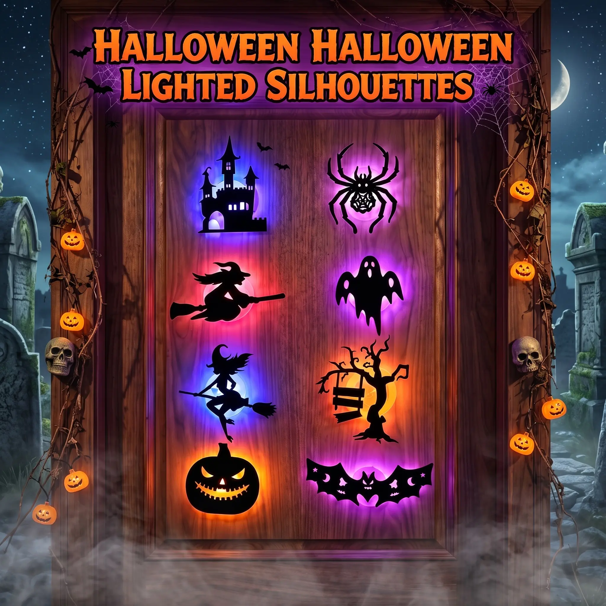 【Summerween】Halloween Lighted Silhouette Wall Decor, Self-Adhesive Spooky LED Silhouette Night Lights, No Drill Halloween Stick-on Lights for Door Window Porch Decor