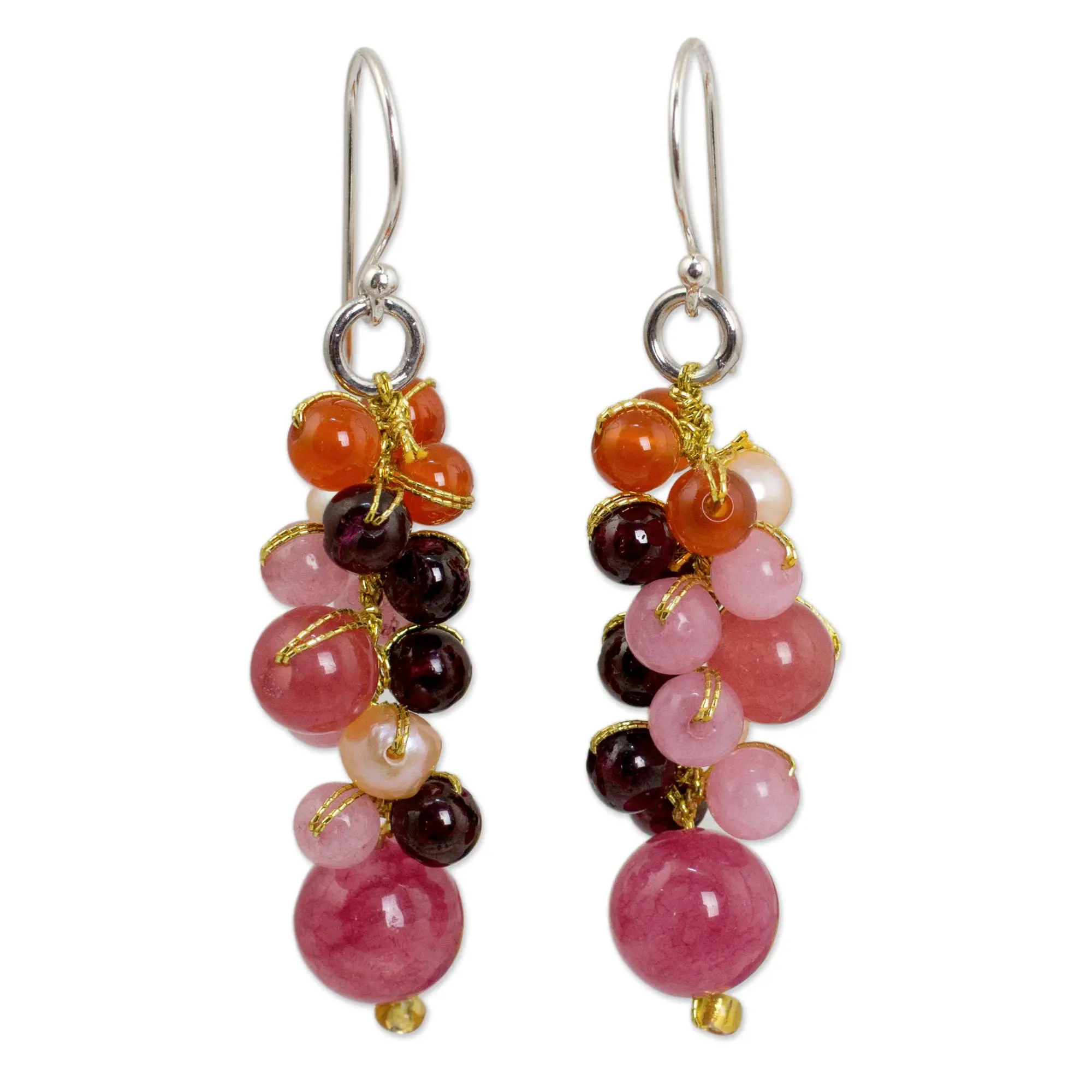 Novica Artisan Handmade Cultured Pearl & Carnelian Cluster Earrings | Beaded Quartz | Sterling Silver Plated Brass | Multigem Multicolor Dangle | Thailand Birthstone | 'Rosy Vineyard' | 1.9" L X 0.4" W