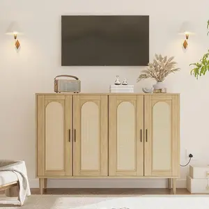 Rattan Cabinet with Power Outlet, Boho Sideboard Buffet with 4 Doors, with Adjustable Shelf for Hallway, Dining Room, Living Room, Bar (Wood)