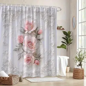 This elegant pink rose patterned shower curtain is perfect for bathroom decor, beautifying the space. It's easy to clean, available in multiple sizes, and comes with a shower curtain hook.