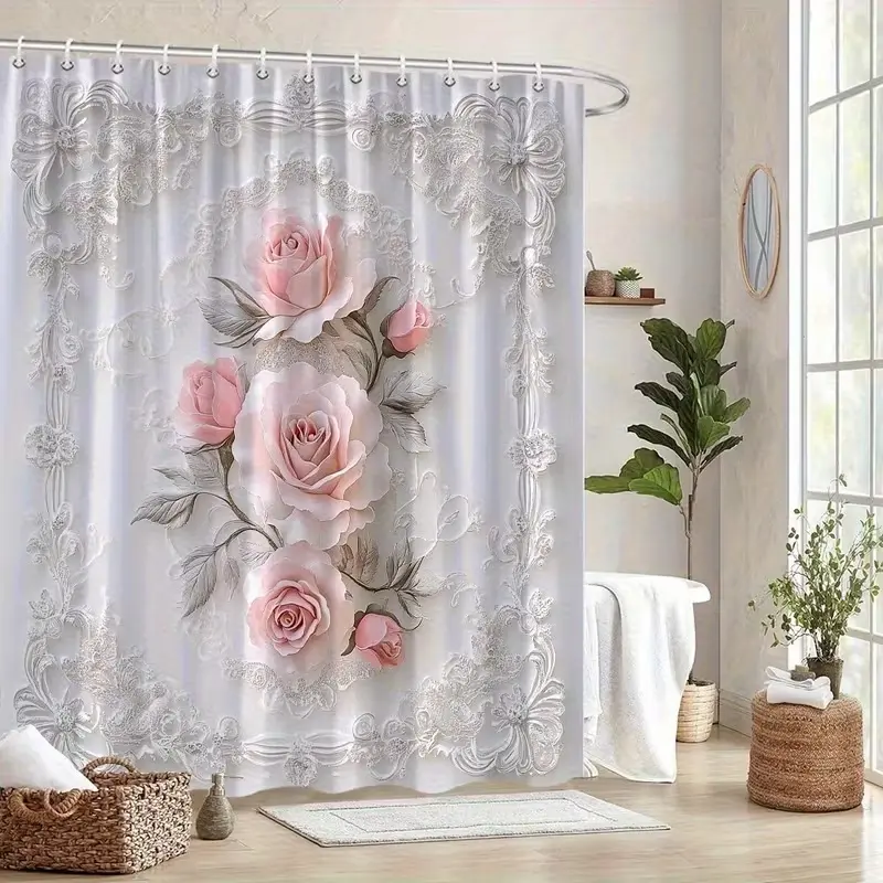 This elegant pink rose patterned Flower shower curtain is perfect for bathroom decor, beautifying the space. It's easy to clean, available in multiple sizes, and comes with a shower curtain hook.