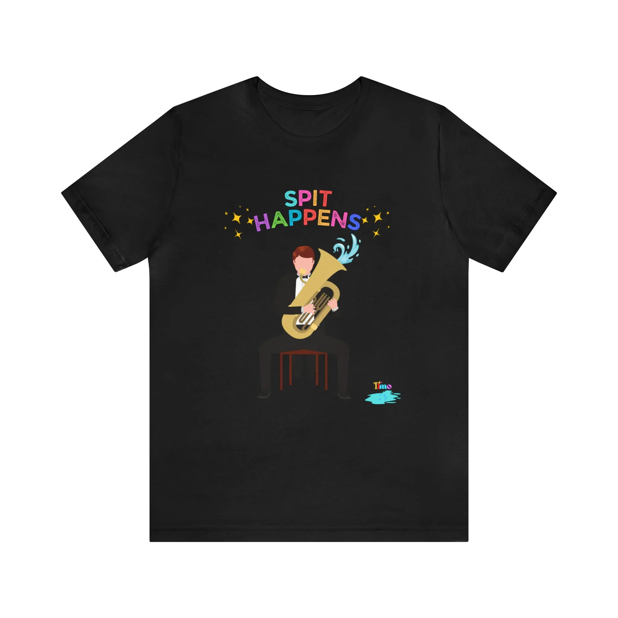 Tuba T-Shirt - Crew‑neck short‑sleeve top with cartoon tuba performer, water‑spray detail, rainbow‑colored letter slogan and star embellishment print, humorous music‑themed unisex everyday shirt