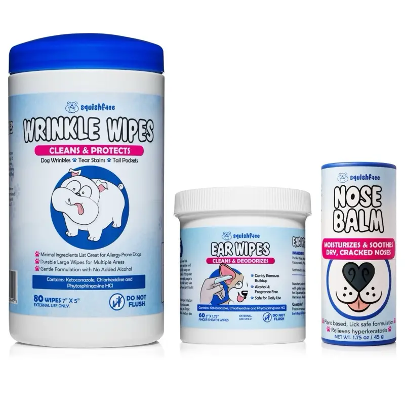 Squishface Dog Wrinkle Wipes + Ear Wipes + Nose Balm Bundle Squishface Dog Wrinkle Wipes + Ear Wipes + Nose Balm Bundle