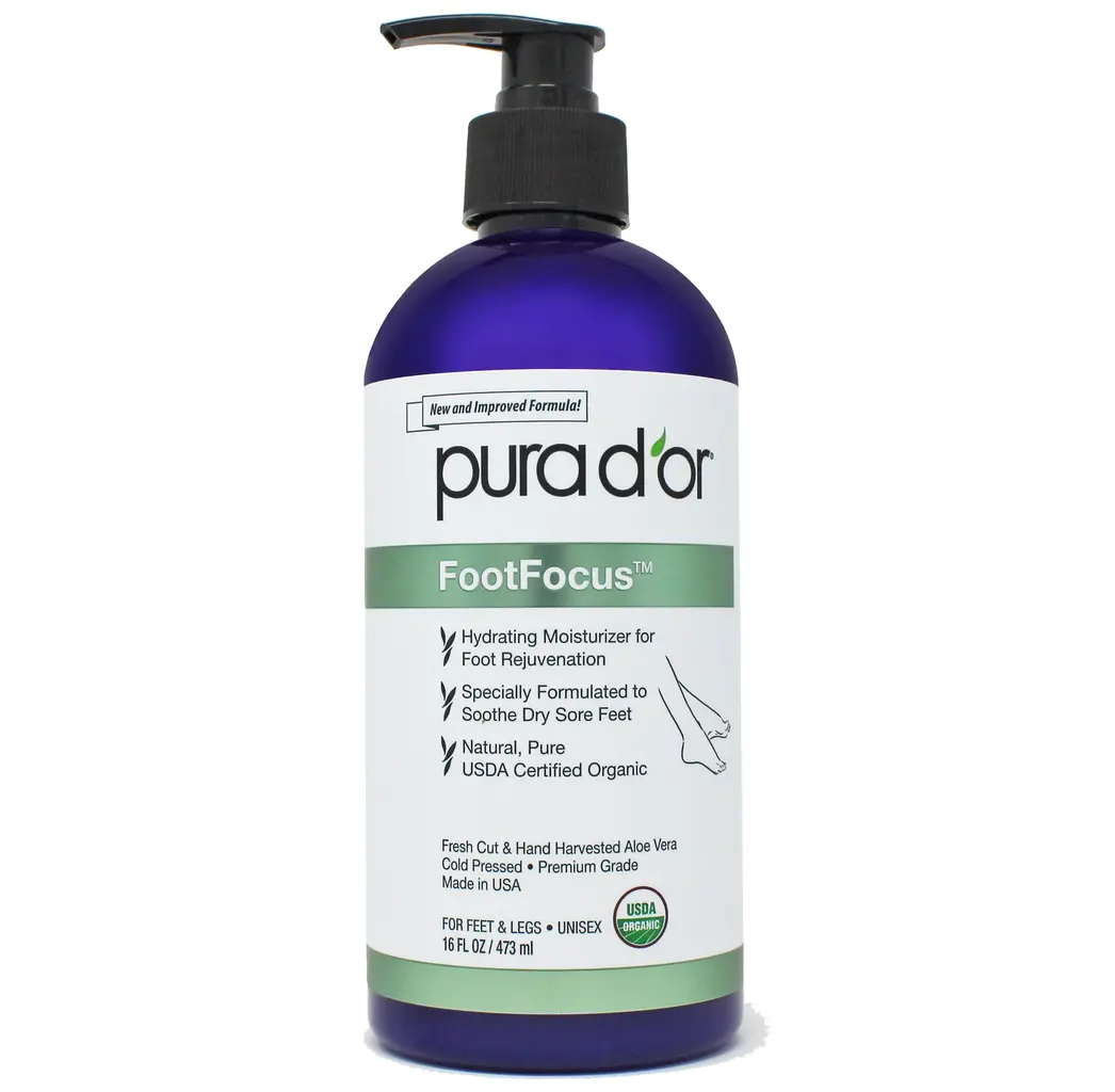 PURA D'OR FootFocus Organic Aloe Vera Gel 16oz (473ml) – Hydrating Foot Care Gel for Dry Cracked Feet, Cooling Peppermint Tea Tree & Eucalyptus Foot Moisturizer