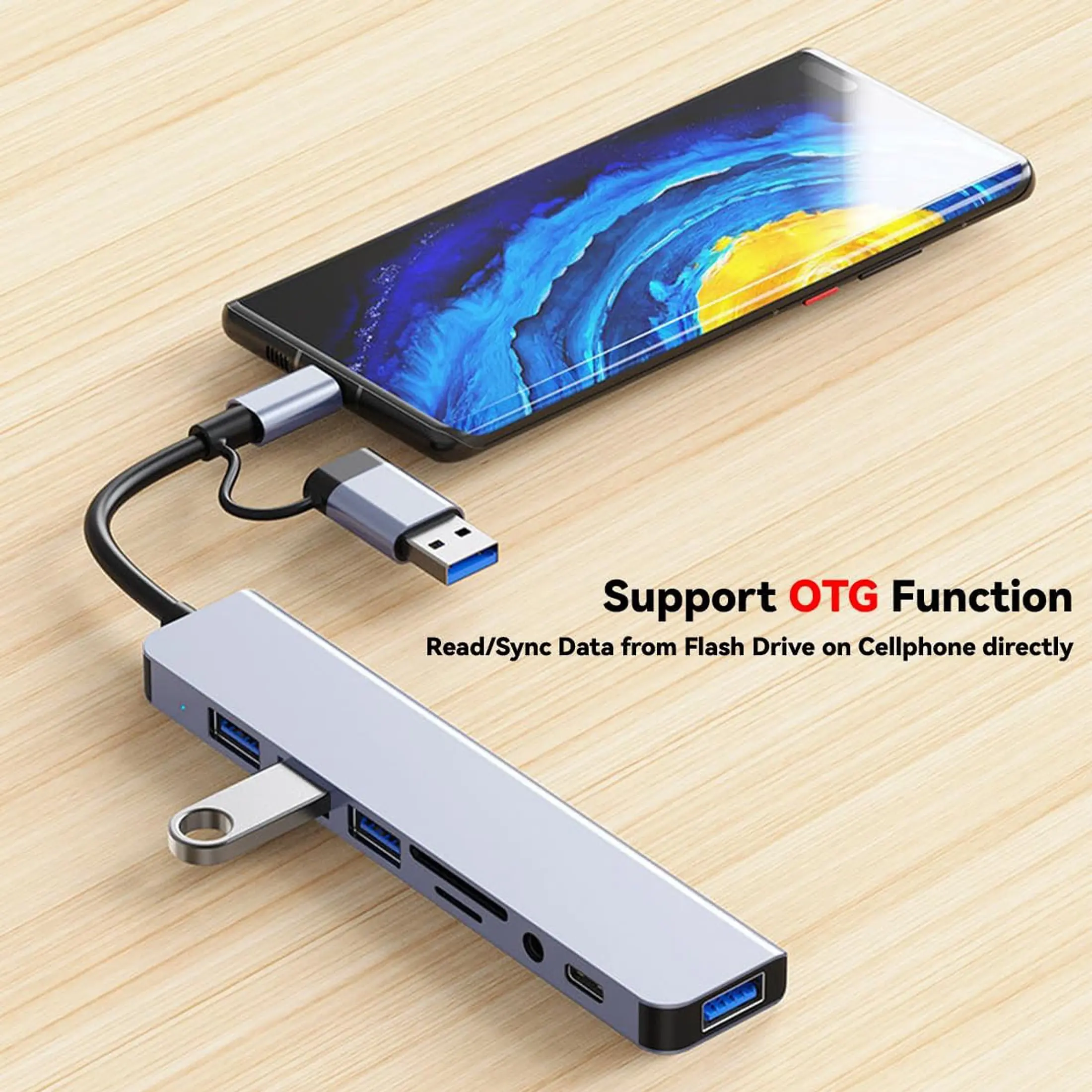 USB C HUB 8-In-1 USB C Adapter Multiport with SD/TF Reader, Type C Ports, Data Transfer Ports, Compact Design, Compatible with Macbook, PC, Android Phone, Tablet, Travel