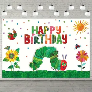 Cartoon Very Hungry Little Green Caterpillar Happy Birthday Banner Reading Story Insects Theme Decor Decorations Birthday Party Supplies Wall Hanging Backdrop Photo Studio Booth Props