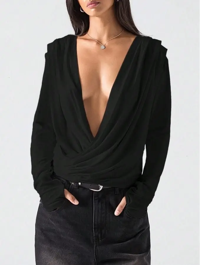 LYSMO Women's Solid Color Long Sleeve Plunging Neck Fashionable