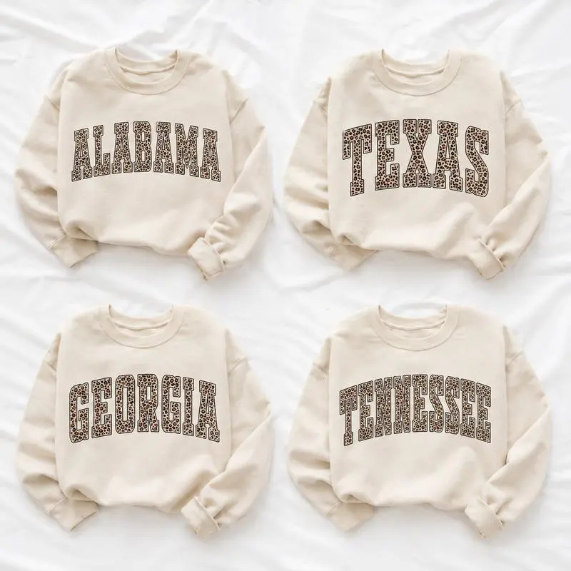 Leopard 50 States Sweater, Custom Any State Name Pullover Sweatshirt, College Leopard Print Shirt, Personalized State Gift for Her, Unisex Cotton Crewneck, Trendy Varsity Style Top