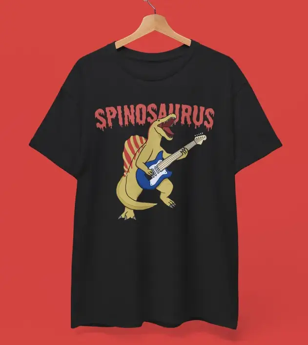 Spinosaurus Guitar Unisex T-Shirt, Funny Dinosaur Band Tee, Rock Music Graphic Shirt, Jurassic Metal Shirt for Musicians & Dino Lovers #SohoChic