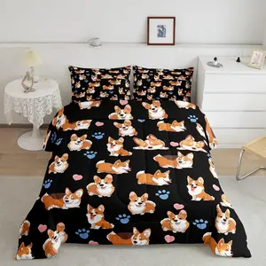 Feelyou Queen Size Corgi Comforter Set - 1 Comforter + 2 Pillowcases, Kawaii Animal Theme, Cartoon Pattern Blanket, Kid Blanket, Soft Cozy Microfiber Bedding