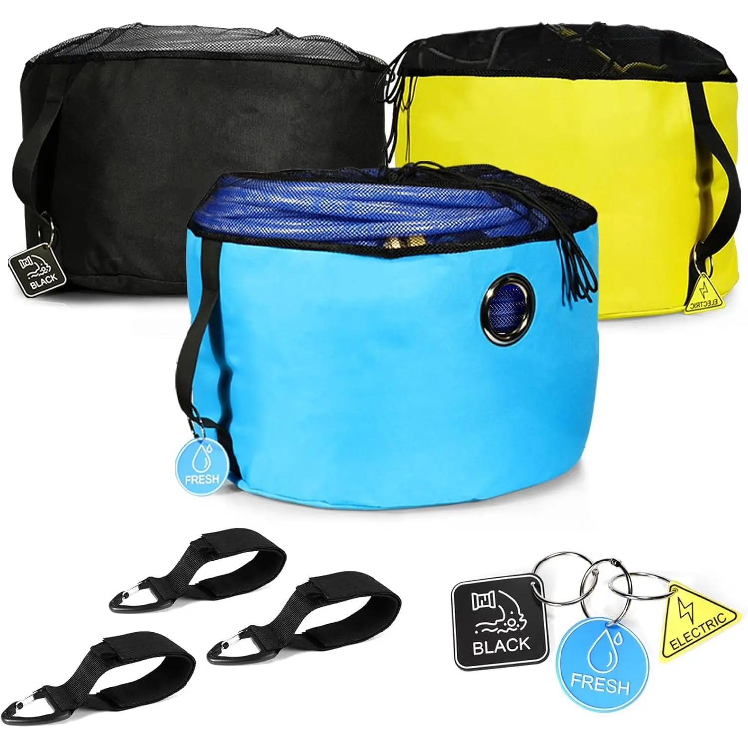 3 Pack RV Hose Storage Bags, RV Accessories for Outside, 3 Colors Organization  Tags, with 3 Storage Straps, Conveniently Stores Fresh/Black Water Sewer Hoses Electrical Cords
