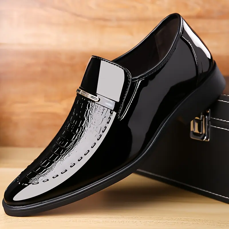 Men's Sleek Black Lace-Up Dress Shoes - Durable Faux Upper, Fashionable for Business Wear & Casual Formal Attire, Pu Leather