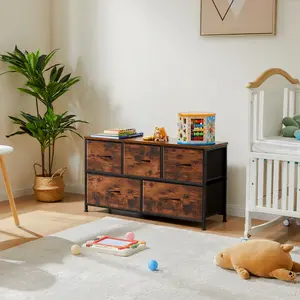 Vertical Fabric Chest of Drawers Storage Tower, Sturdy Wood Top Storage Furniture for Nursery, Kid Room, Hallway and Bedroom Closet