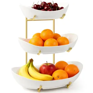 Fruit Bowl for Kitchen Counter Large, 3 Tier Fruit Basket for Counter, Ceramic Holder, Tiered Stand with Metal Stand, Detachable Rack for Fruit Vegetable Snack Dessert Storage (White)