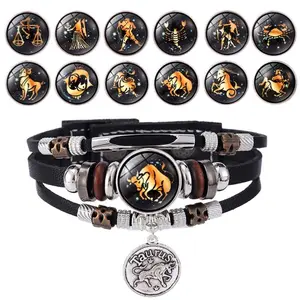 2026 Latest Luminous 12 Zodiac Leather Bracelet – Handmade Multi-Layer Beaded Design, Glowing Constellation Charm, Perfect Unisex Jewelry & Couple Holiday Gift