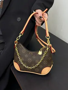 Fashionable Women's Small Bag 2026 New Vintage Print Crossbody Bag, Bull Horn Moon Crescent Shoulder Bag, European Style Casual Handbag, Moon Shaped Bag