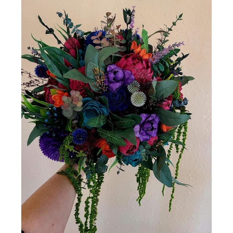 Moody Jewel Toned Wood Flower Bouquet, Teal and Purple Sola Bride Bouquet, Hanging Greenery Bouquet