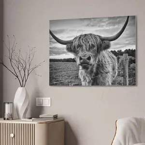 Highland Cow 30x40 Canvas - Black and White Artwork for Wall Decor Print Nature Gift Raw Ornaments Artistic Room Decoration