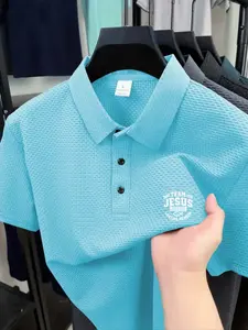 Team Jesus John Gospel Textured Classic Fitted Polo Shirt, Fashion Sport Casual Commute Business Wear, Collared Short Sleeve, Geometric Pattern, All Seasons