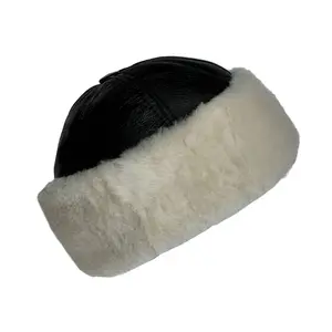 Premium Leather Unisex Shearling Sheepskin Fur Winter Beanie - Warm Wool Skull Hat for Men & Women
